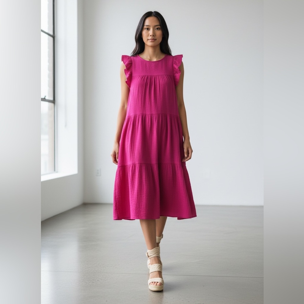 J. Crew Tiered Pink Cotton Gauzy Boho Barbiecore Preppy women’s midi dress